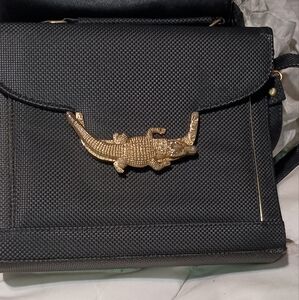 Vintage Black Leather Gold Crocodile Clasp Crossbody Purse